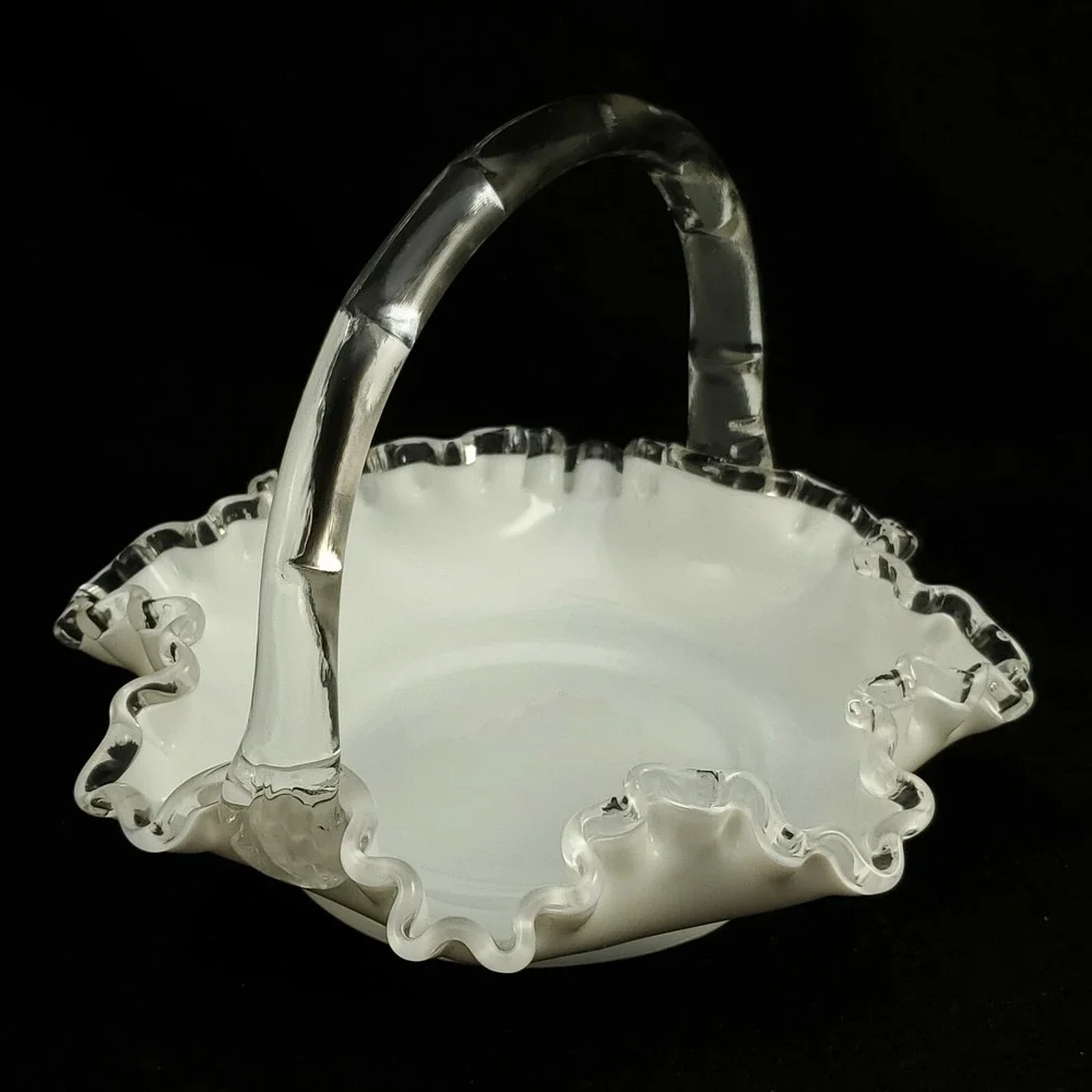Fenton Silver Crest Brides Basket Ruffled Milk Glass Clear Glass Handle 8